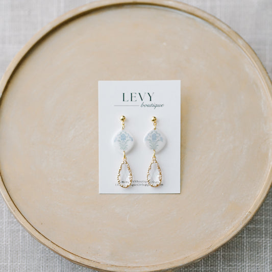 Drop Dangles - Blue Floral w/ CZ